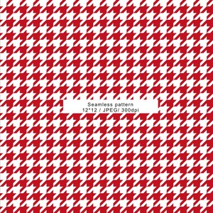 Op de afbeelding: Een naadloos patroon met een klassiek rood en wit hondenpootthema. Het herhalende patroon bestaat uit kleine, abstracte vormen, waardoor een visueel dynamisch en gestructureerd effect ontstaat. De afbeelding bevat de tekst "Seamless pattern 12*12 / JPEG/ 300dpi".