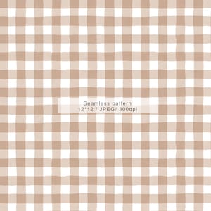 May include: A seamless pattern with a tan and white gingham design. The pattern consists of evenly spaced, hand-painted squares. The image includes the text "Seamless pattern 12*12 / JPEG/ 300dpi".