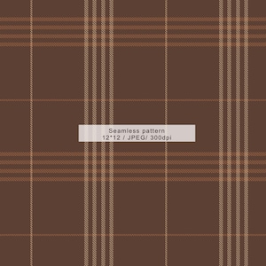 Pode incluir: Um padrão xadrez marrom sem costura com linhas verticais e horizontais em tons variados de marrom e bege. A imagem inclui o texto "Seamless pattern 12*12 / JPEG/ 300dpi".