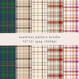 Könnte beinhalten: Eine Sammlung nahtloser Karomuster in verschiedenen Farben, darunter Grün, Braun, Beige, Rot und Lila. Das Bild enthält den Text "seamless pattern bundle 12*12/ jpeg /300dpi". Diese Muster eignen sich für digitale Designprojekte.
