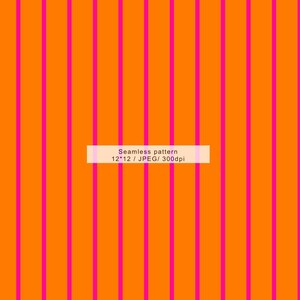 Puede incluir: Patrón sin costuras con rayas verticales. El fondo es de color naranja vibrante, con rayas rosas brillantes espaciadas uniformemente. El texto "Seamless pattern 12*12 / JPEG/ 300dpi" está en un rectángulo blanco.