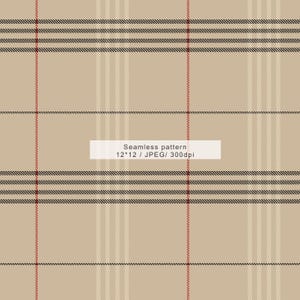 May include: A seamless tan plaid pattern featuring black, red, and cream stripes. The image includes the text "Seamless pattern 12*12 / JPEG/ 300dpi". This design is suitable for fabric, wallpaper, and digital art applications.