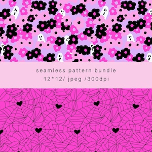 May include: Two seamless patterns. The top pattern features black flowers, pink flowers, and white ghosts on a lavender background. The bottom pattern shows a pink spiderweb design with black hearts. The text reads "seamless pattern bundle".