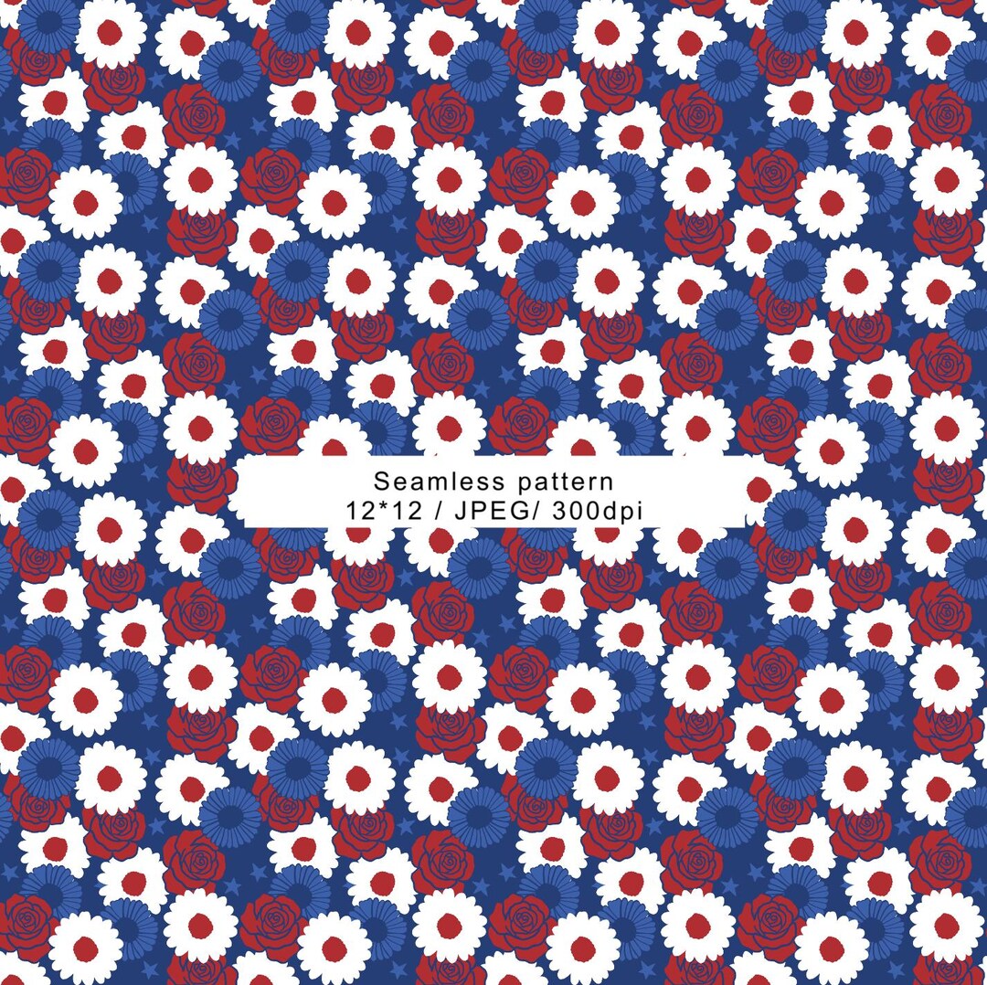 Floral Red White and Blue Seamless Pattern, 4th of July Flowers, Ditsy ...