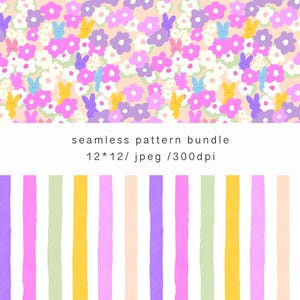 Peut inclure: Un ensemble de motifs sans couture avec un motif floral et des silhouettes de lapins roses, violets, jaunes et bleus sur fond pêche. En dessous, des rayures verticales pastel sont affichées. Le texte "seamless pattern bundle" est visible.