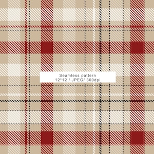 Puede incluir: Un patrón de cuadros sin costuras en beige, rojo, negro y blanco. El diseño presenta líneas que se cruzan formando un patrón de tartán clásico. La imagen incluye el texto "Seamless pattern 12*12 / JPEG/ 300dpi".