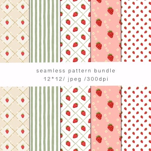 May include: A seamless pattern bundle featuring various designs with strawberries. Patterns include diamond, striped, and polka dot backgrounds in beige, green, and pink. The image includes the text "seamless pattern bundle 12*12/ jpeg /300dpi."