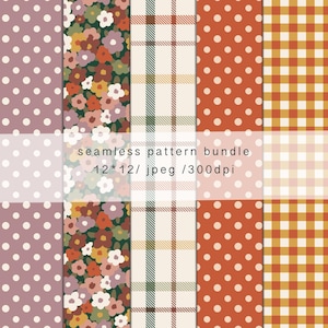 Könnte beinhalten: Eine Sammlung nahtloser Muster mit Polka Dots, Blumenmustern, Karos und Vichy-Designs. Die Farbpalette umfasst Mauve, Orange, Grün und Creme. Der Text "seamless pattern bundle" ist zu sehen.