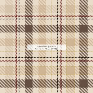 Puede incluir: Un patrón de cuadros sin costuras en beige, marrón y burdeos. El diseño presenta líneas que se cruzan formando cuadrados y rectángulos. El texto "Seamless pattern 12*12 / JPEG/ 300dpi" se muestra en un rectángulo blanco.