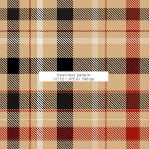 Peut inclure: Un motif de plaid sans couture en beige, noir, blanc et rouge. Le motif présente des lignes entrecroisées formant un motif tartan ou à carreaux classique. L'image comprend le texte "Seamless pattern 12*12 / JPEG/ 300dpi".