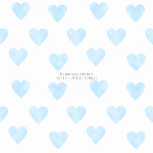 May include: A seamless pattern of light blue watercolour hearts on a white backdrop. The hearts are uniformly spaced and have a soft, textured look. The image includes the text "Seamless pattern 12*12 / JPEG/ 300dpi".
