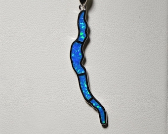 Cayuga Lake (Large) Finger Lakes New York Opal Inlay Sterling Silver Pendant (Lab Opal) Pendant / Necklace Ithaca Cornell Aurora