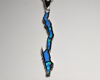 Lake George NY Opal Inlay Sterling Silver Pendant (Lab Opal)