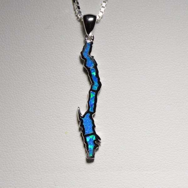 Lake George NY Opal Inlay Sterling Silver Pendant (Lab Opal)
