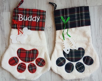 Personalized Cat & Dog Stockings for Christmas, Dog Paw Stocking, Custom Dog Stocking, Plaid Christmas Pet Stocking Dog Gift Christmas Paw