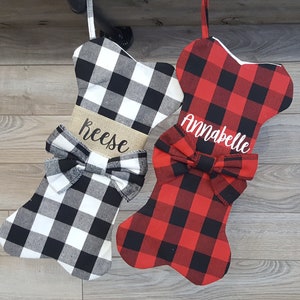 Personalized Dog Stockings for Christmas, Buffalo Check Dog Bone Stocking, Custom Dog Stocking, Plaid Christmas Pet Stocking Dog Gift Xmas image 1