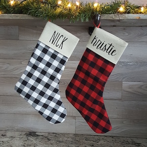 Personalized Stockings for Christmas, Buffalo Check Stocking, Custom Plaid Burlap Stocking, Matching Dog & Pet Owner Christmas Stocking Xmas