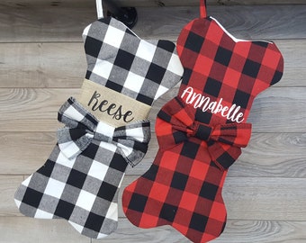 Personalized Dog Stockings for Christmas, Buffalo Check Dog Bone Stocking, Custom Dog Stocking, Plaid Christmas Pet Stocking Dog Gift Xmas
