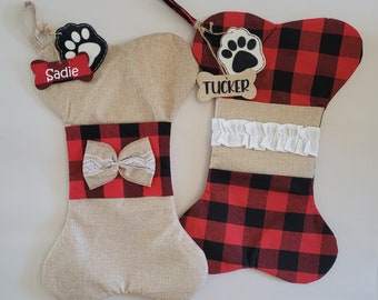 Dog Stocking Personalized Christmas, Red Buffalo Check Burlap Dog Bone Stocking, Custom Dog Stocking, Plaid Pet Stocking Dog Gift Xmas