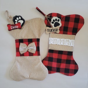 Dog Stocking Personalized Christmas, Red Buffalo Check Burlap Dog Bone Stocking, Custom Dog Stocking, Plaid Pet Stocking Dog Gift Xmas