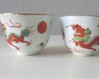 Vintage Red Dragon Sake Cups, Hand-painted Set of Two