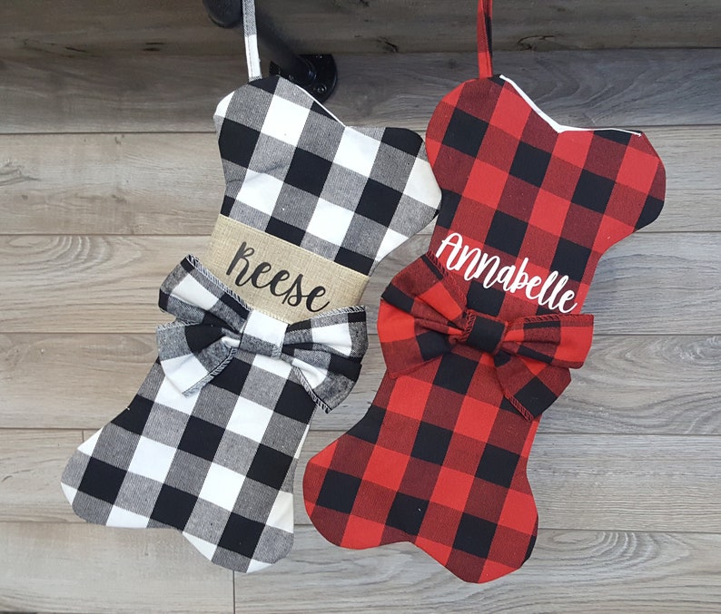 Personalized Dog Stockings for Christmas, Buffalo Check Dog Bone Stocking, Custom Dog Stocking, Plaid Christmas Pet Stocking Dog Gift Xmas image 1