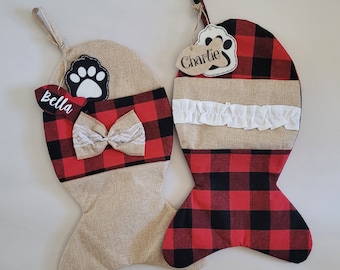 Cat Stocking Personalized Christmas, Red Buffalo Check Burlap Cat Fish Stocking, Custom Cat Stocking, Plaid Pet Stocking Cat Gift Xmas