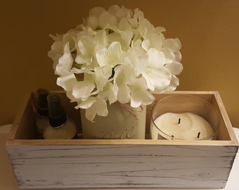 Small Decorative Wooden Box/Tray for Bathroom, Top of Toilet, Bath Tub, Decorative Bathroom Organizer, Distressed White wash wood box