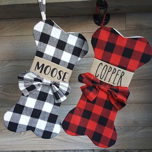 Dog Stocking Personalized Christmas, Black White Buffalo Check Dog Bone Stocking, Custom Dog Stocking, Plaid Christmas Pet Stocking Dog Gift