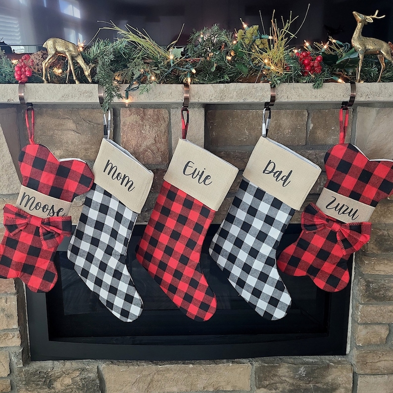 Matching Dog & Pet Owner Christmas Stocking, Matching Family Dog Stockings, Buffalo Check Stockings, Buffalo Plaid Burlap Custom Stockings image 1