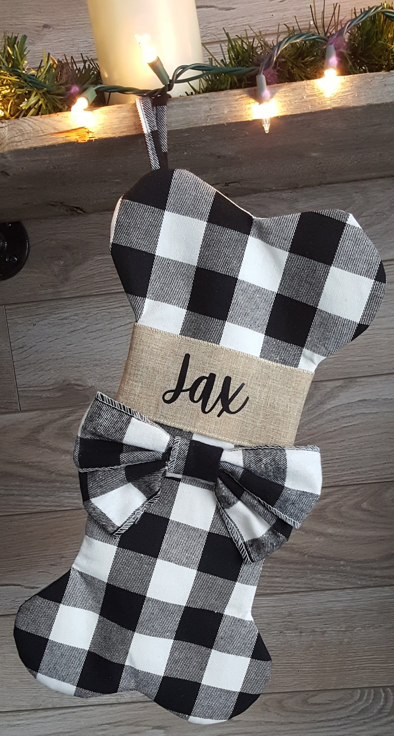 Personalized Dog Stockings for Christmas, Buffalo Check Dog Bone Stocking, Custom Dog Stocking, Plaid Christmas Pet Stocking Dog Gift Xmas Bone Black & White