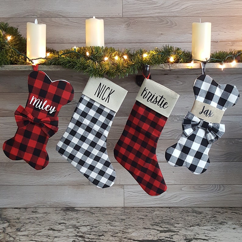 Matching Dog & Pet Owner Christmas Stocking, Matching Family Dog Stockings, Buffalo Check Stockings, Buffalo Plaid Burlap Custom Stockings image 2
