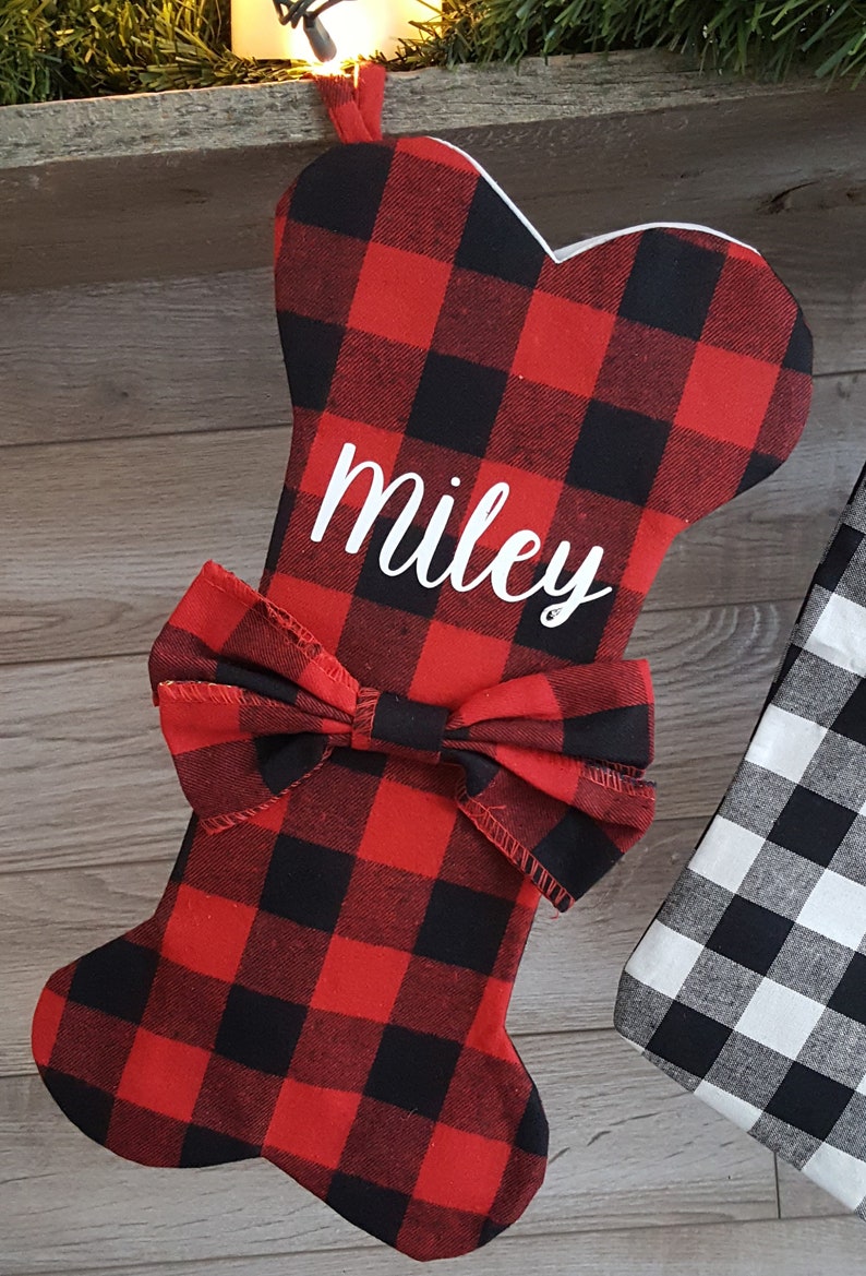 Personalized Dog Stockings for Christmas, Buffalo Check Dog Bone Stocking, Custom Dog Stocking, Plaid Christmas Pet Stocking Dog Gift Xmas Bone Red & Black