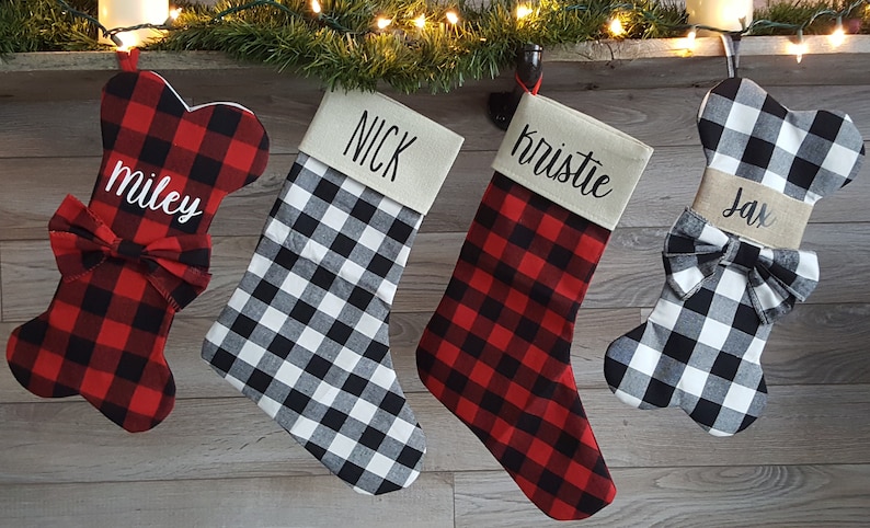 Matching Dog & Pet Owner Christmas Stocking, Matching Family Dog Stockings, Buffalo Check Stockings, Buffalo Plaid Burlap Custom Stockings image 4