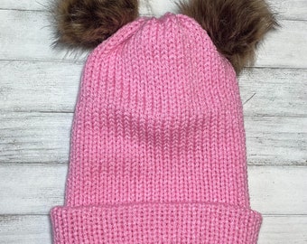 Double Pom Pom Knit Beanie, Bear Cub Knit Hat, Knitted Beanie, Faux Fur Pom Pom, Handmade Beanie, Personalized, Knit Accessories