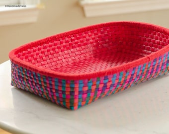 Handwoven Kottan basket TRAY - Storage Basket, Boho Home Decor, Utility Tray, Colorful Multipurpose Palm Leaf Basket