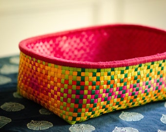 Handwoven Kottan basket - Storage Basket, Boho Home Decor, Utility Tray, Colorful Multipurpose Palm Leaf Basket