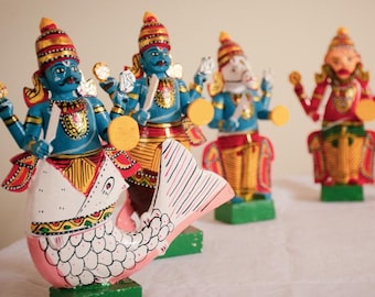 Handmade Indian Wooden Dasavatharam Set of 10| Kondapalli Art Vishnu Avatars | Handpainted Hindu Mythology Figurines| Wood Craft|Indian Gift