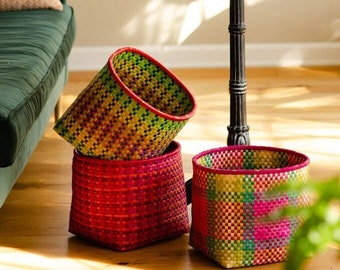 Handwoven Kottan basket TALL - Storage Basket, Boho Home Decor, Utility Tray, Colorful Multipurpose Palm Leaf Basket