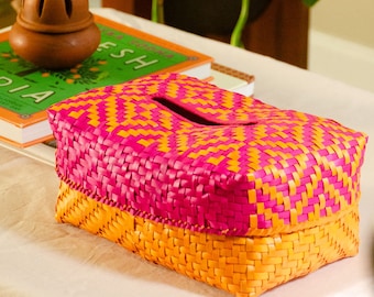 Handwoven Kottan basket TISSUE BOX - Storage Basket, Boho Home Decor, Utility Tray, Colorful Multipurpose Palm Leaf Basket