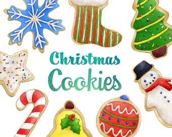 Christmas Cookies Clipart. Instant Digital Download. Sugar cookies, holiday sweets, candy, snowflake, snowman, ornament, tree, PNG