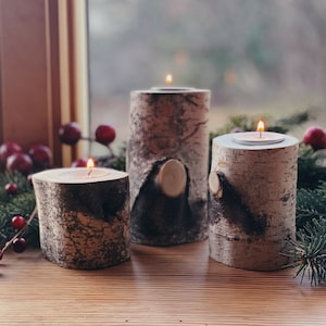 RUSTIC Birch Pillar Tealight Candle Holders (Set of 3) | Cottagecore Candle Set Active