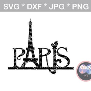 May include: Black and white silhouette of the Eiffel Tower with the word "PARIS" in a stylized font. The word "PARIS" is partially obscured by the Eiffel Tower.