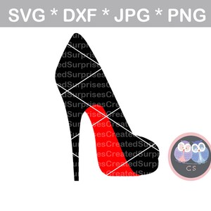 May include: A black high-heeled shoe with a red sole, a design element often associated with luxury footwear. The image includes the text "SVG * DXF * JPG * PNG" at the top and a circular logo with two owls.