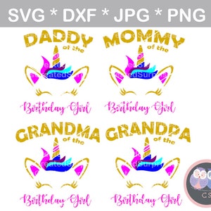 Mama Papa van het verjaardagsmeisje eenhoorn svg dxf png jpg digitaal gesneden bestand voor het snijden van machines persoonlijke commerciële Silhouet Cameo Cricut