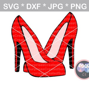 May include: A pair of red high-heeled shoes with black outlines. The shoes are positioned with the heels facing each other and the toes pointing outward.