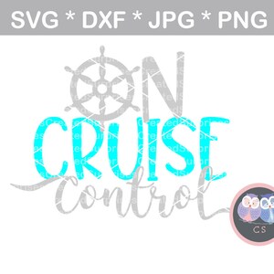 May include: A turquoise blue and gray graphic design with the text "On Cruise Control" and a steering wheel icon. Two cartoon owls are in the bottom right corner.