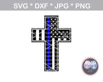 May include: A black and white cross with a blue line down the center. The cross is decorated with a pattern of stars and stripes, resembling the American flag.