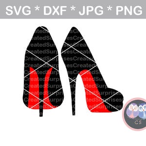 May include: A pair of black high-heeled shoes with red soles. The shoes are facing forward with the heels slightly angled outward.