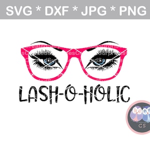 May include: Pink glasses with eyelashes and blue eyes, with the text "LASH-O-HOLIC" below. Two purple owls with white eyes are in the lower right corner.